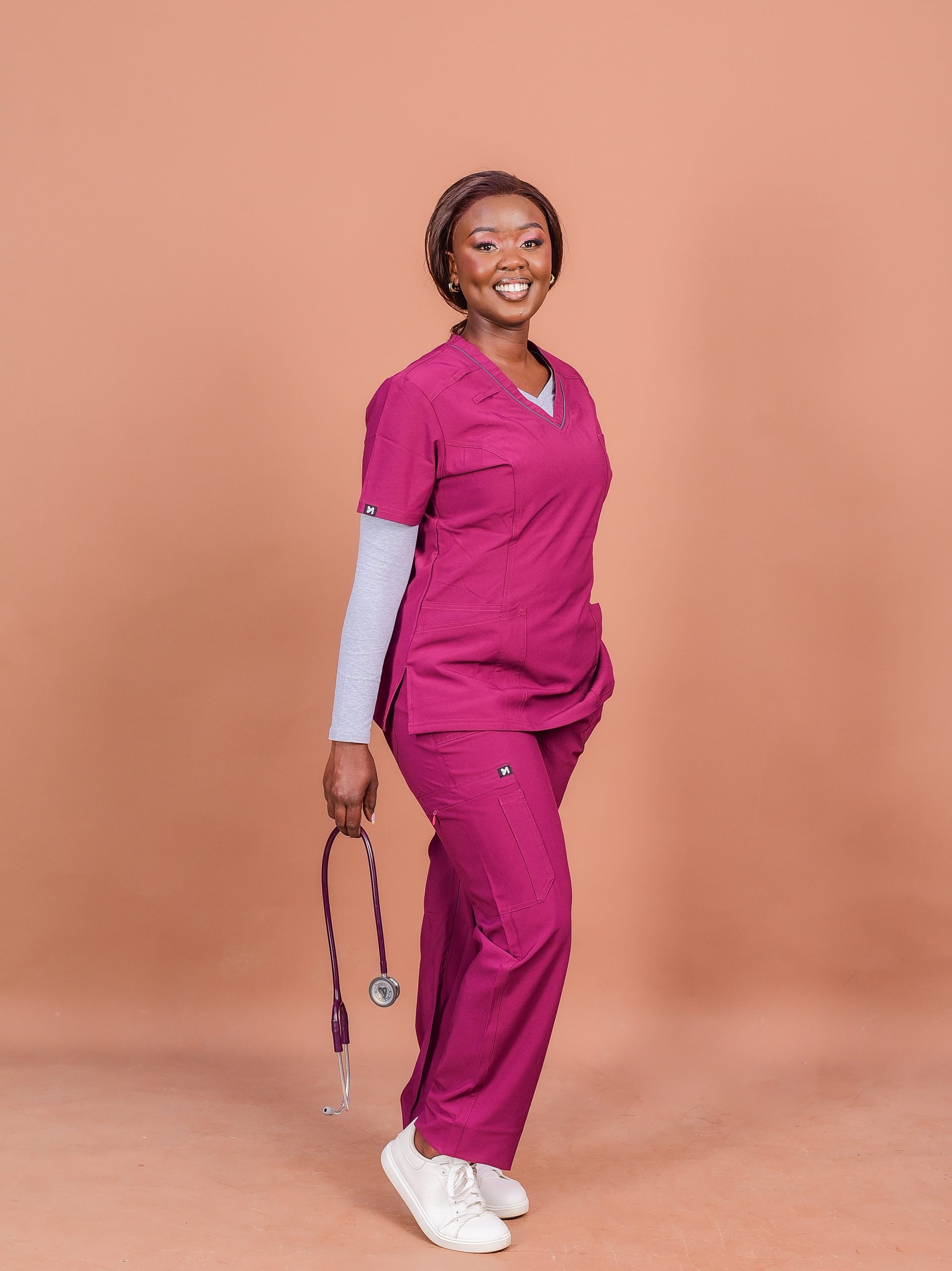 AK0_6306 (1) Burgundy Alma scrubs for nurses and healthcare professionals in Kenya
